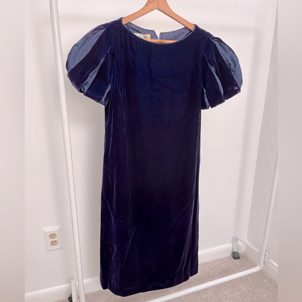 Victor Costa Vintage 80s 90s Blue / Purple Velvet Puffs Sleeve Dress Size 4